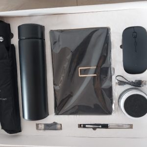 Premium 7 in 1 corporate gift set of ·         Umbrella ·         Bottle flask ·         Wireless mouse ·         Leather Notepad ·          Bluetooth speaker ·          Flash drive ·         Ball Pen ·         All in a well packaged box Readily available in stock -MOQ-50pcs   Consists 1 Hot/Cold Temperature Vacuum Flask , 1 Executive Pen 1 Bluetooth speaker 1 Wireless Mouse 1 16gb flash drive 1 diary/notepad , 1 umbrella . Colours Available: Black , Blue , Gold . Item available in large quantities . Branding/ Customization services also available