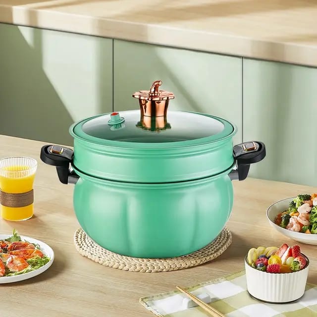 Non-Stick Pressure Pot with Steamer -28cm Non stick Pressure Cooker cooks food faster than regular cooking pots; it has a triple safety system that helps to secure to lid and prevent any form of accident.